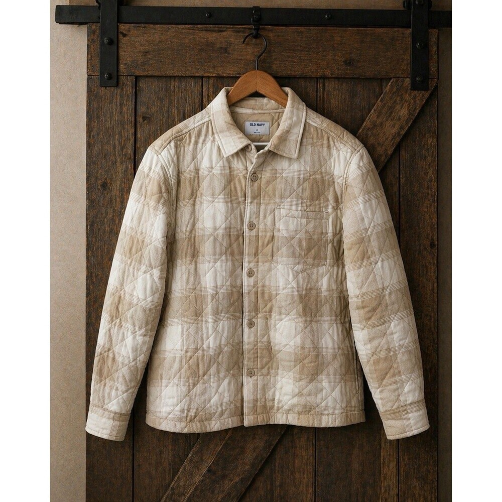 Old Navy Tan & Cream Plaid Quilted Satin Lined Barn Chore Jacket Mens Lg Cotton